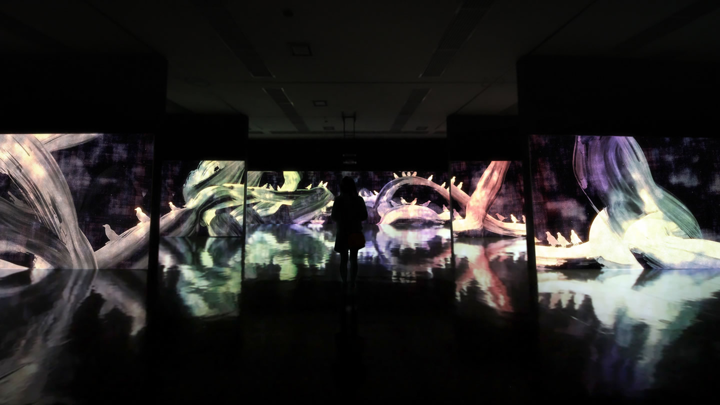 Slide 2: Crows are chased and the chasing crows are destined to be chased as well, Division in Perspective – Light in Dark 　teamLab, 2014, Sound: Hideaki Takahashi
