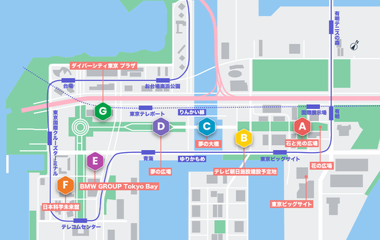 お台場地区のマップにA~Fの会場が記されている