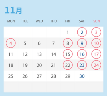 11月実施日 2,3,4,8,9,10,15,16,17,22,23,24